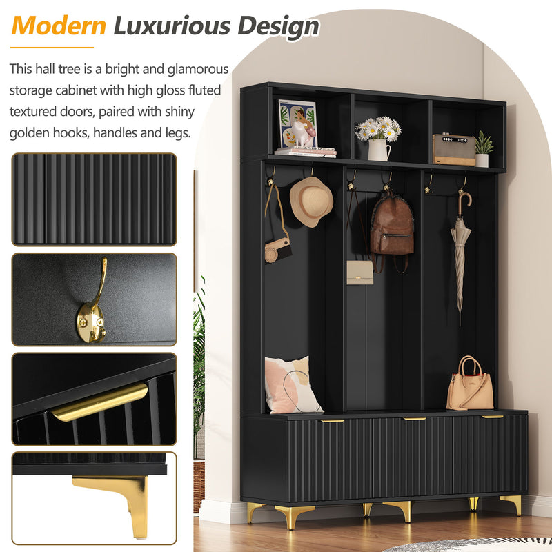 Modern Large Storage Hall Tree With Bench, 6 Hooks