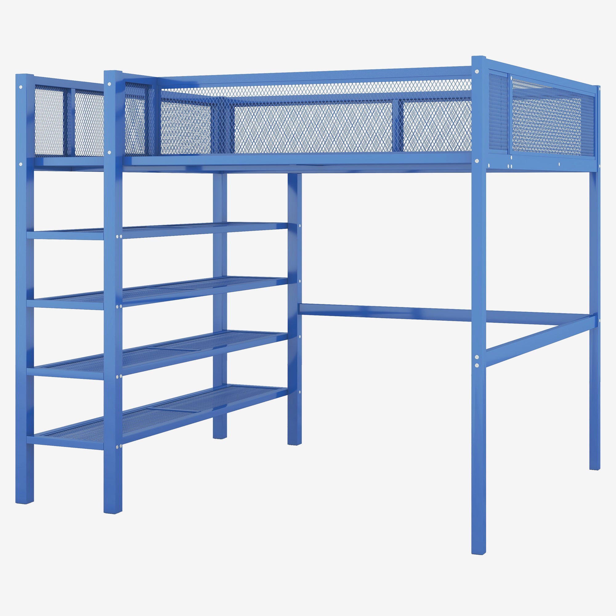 Full Size Metal Loft Bed with 4-Tier Shelves and Storage, Blue - Atlantic Fine Furniture Melbourne FL