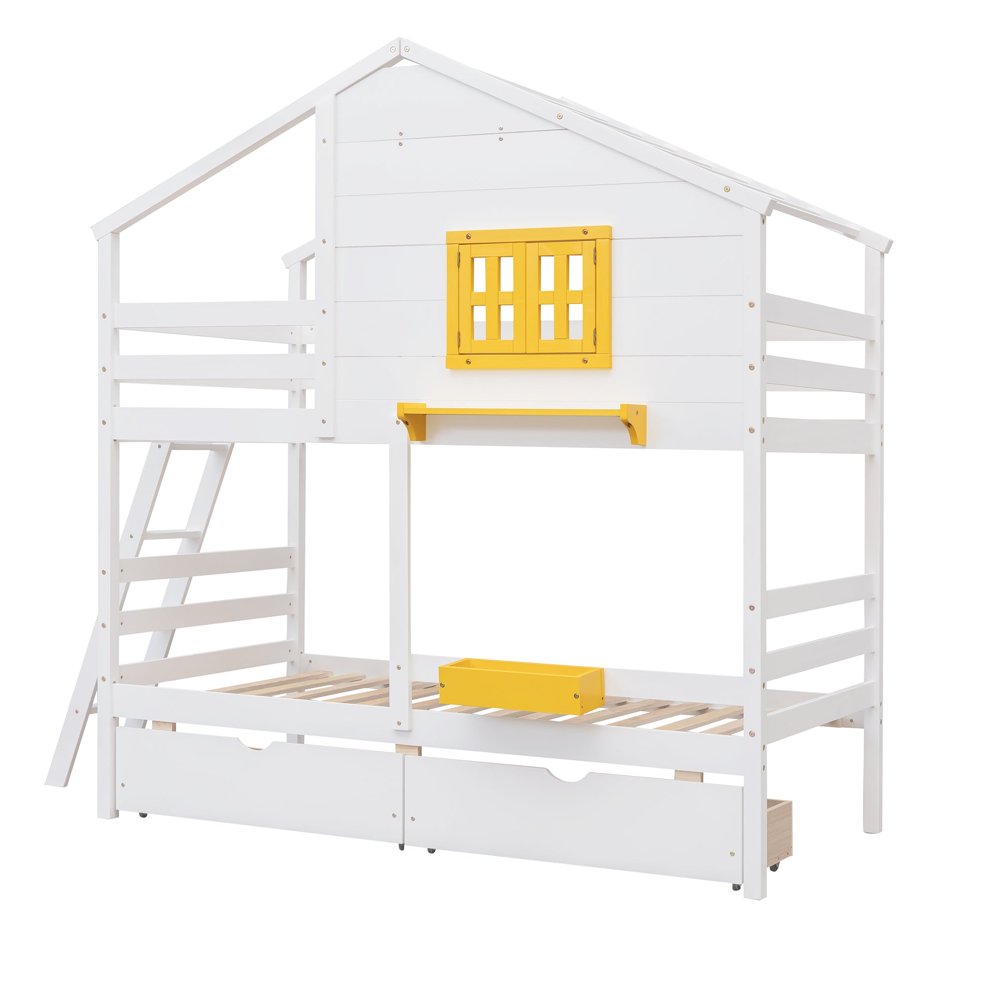 Twin over Twin Bunk Bed with 2 Drawers, 1 Storage Box, 1 Shelf, Window and Roof-White(OLD SKU:LT000608AAK) - Atlantic Fine Furniture Melbourne FL