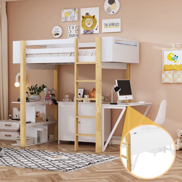 Twin Size Wood Loft Bed With Built-in Storage Cabinet and Cubes, Foldable desk, White
