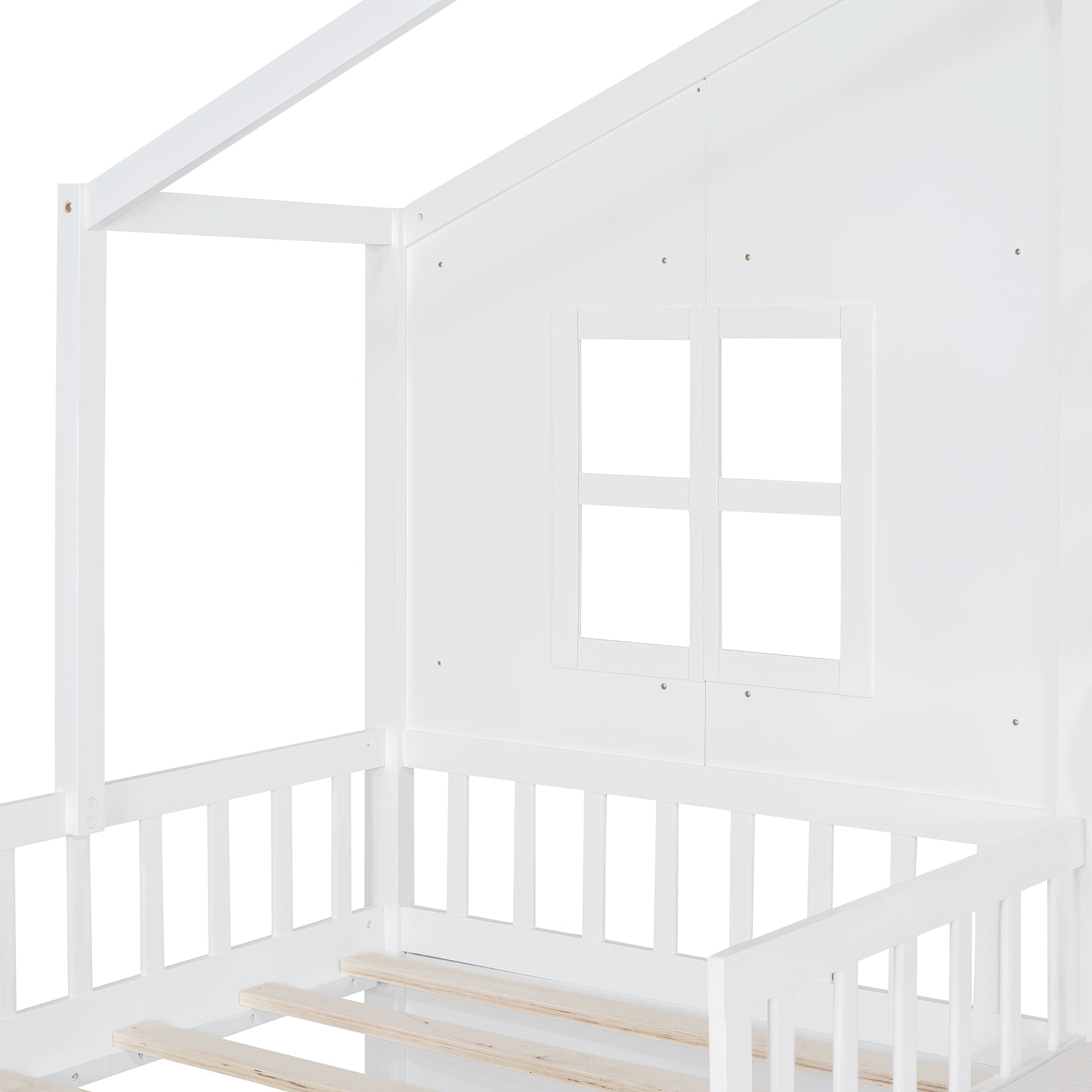 Twin Size House Bed with Sofa, Kids Platform Bed with Two Drawers and Storage Shelf, White - Atlantic Fine Furniture Melbourne FL
