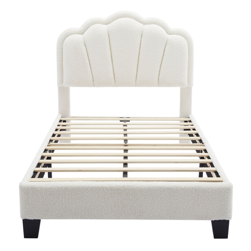 Upholstered Elegant Flowers Headboard With LED Light Strip, Platform Bed With Slats Support