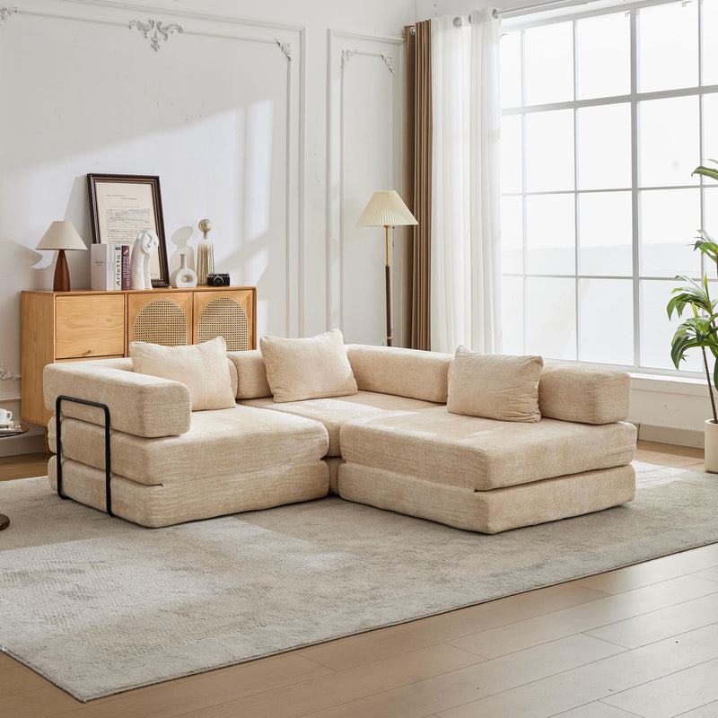Convertible Floor Sofa Bed With Fixed Shape Frame, Boneless Modular Sectional Sofa, For Living Room - Beige