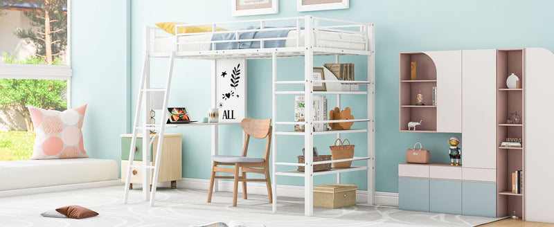 Loft Metal Bed With 3 Layers Of Shelves And Desk, Stylish Metal Frame Bed With Whiteboard