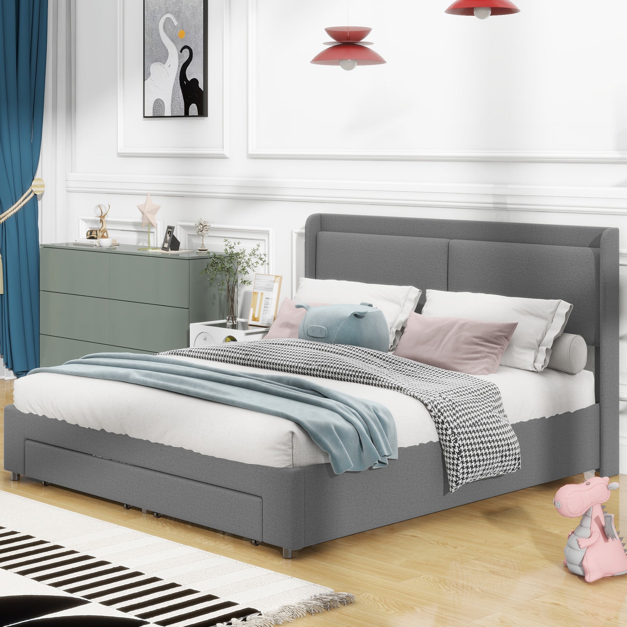 Queen Size Storage Upholstered Hydraulic Platform Bed with 2 Drawers, Gray - Atlantic Fine Furniture Melbourne FL