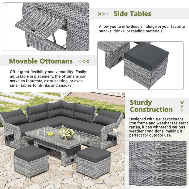 Outdoor Furniture Set Patio Rattan Furniture Set With Adjustable Table, Recliners With Extendable Side Tables And 2 Ottomans