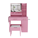 Vanity Desk With LED Mirror Lights And Power Outlet Charging Station, 3 Drawers, 7 Shelves, Storage Stool - Pink