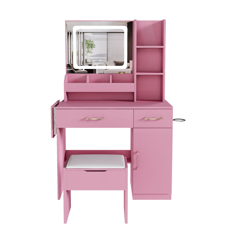 Vanity Desk With LED Mirror Lights And Power Outlet Charging Station, 3 Drawers, 7 Shelves, Storage Stool - Pink