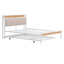 Full Size Metal Platform Bed Frame with Twin size trundle, Upholstered headboard, Sockets, USB Ports and Slat Support, No Box Spring Needed, White