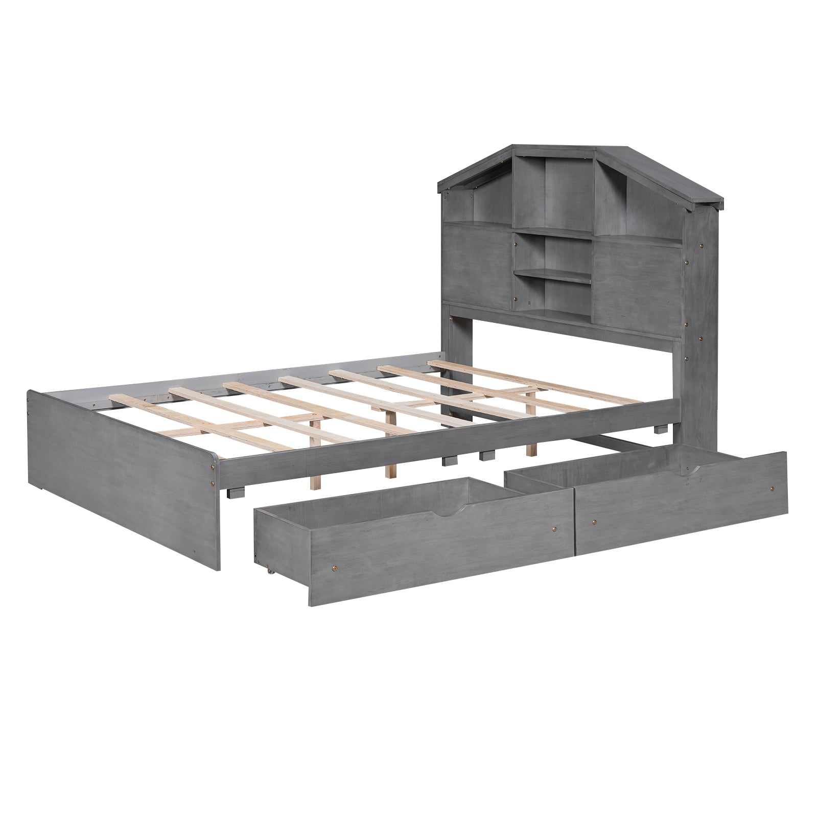 Full Size Wood Platform Bed with House-shaped Storage Headboard and 2 Drawers, Gray - Atlantic Fine Furniture Melbourne FL