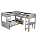 L-Shaped Twin over Full Bunk Bed and Twin Size Loft Bed with Desk,Grey