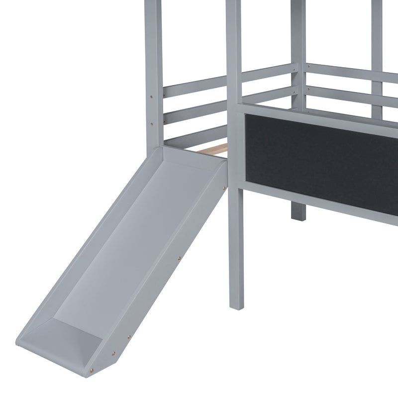 Loft House Bed With Ladder And Slide, With Blackboard And Light Strip On The Roof