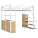 Full Size Loft Bed With Storage Staircase, Wardrobe, Shelves, And Lockers Natural Mdf Details - White / Natural