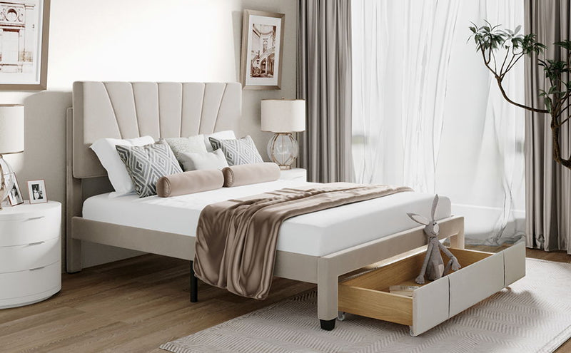 Storage Bed Velvet Upholstered Platform Bed With A Big Drawer