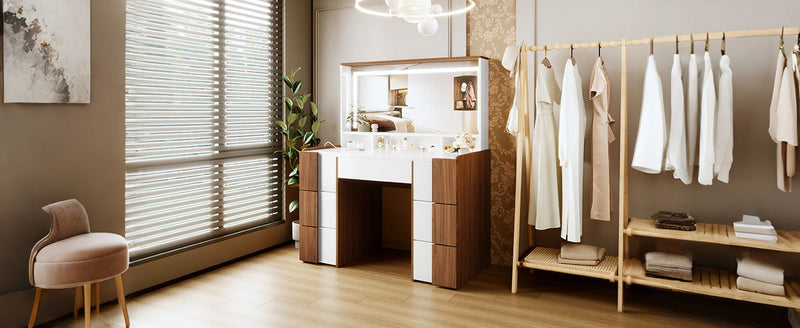 Elegant Vanity Table With Large Lighted Mirror & Power Outlet, Dressing Table With 7 Drawers & Shelves, Vanity Desk With Brown Solid Wood Style Stickers - Brown / White