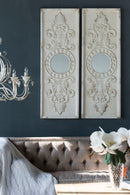 Large Wooden Wall Art Panels With Distressed Round Mirror Accents (Set of 2) - White