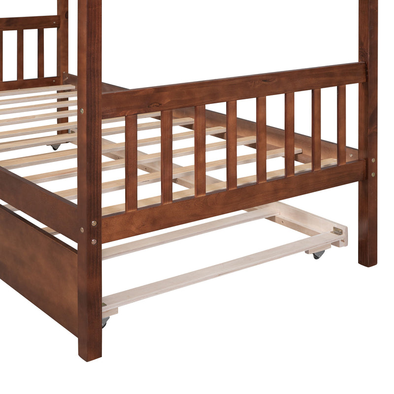 Wooden House Bed With Twin Size Trundle