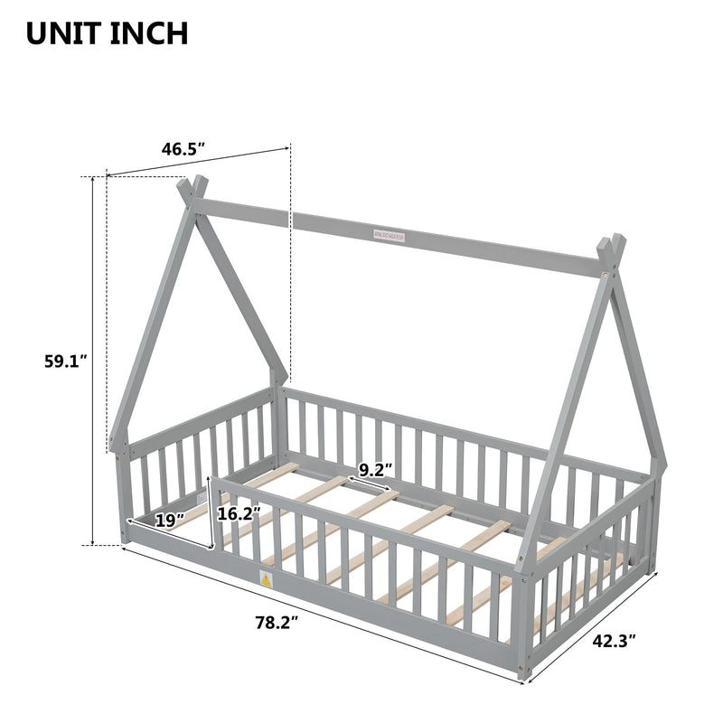 Tent-Shaped Floor Bed, Teepee Bed With Guardrails, Slats