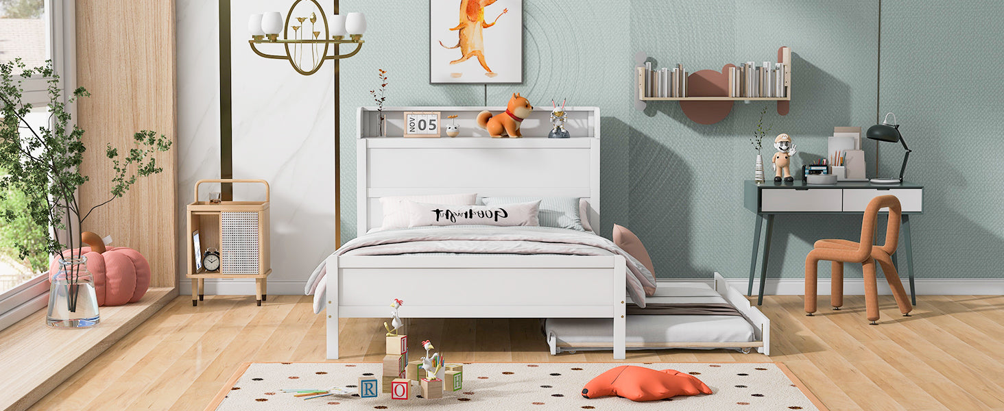 Full Size Platform Bed with Storage Headboard and Twin Size Trundle, White - Atlantic Fine Furniture Melbourne FL