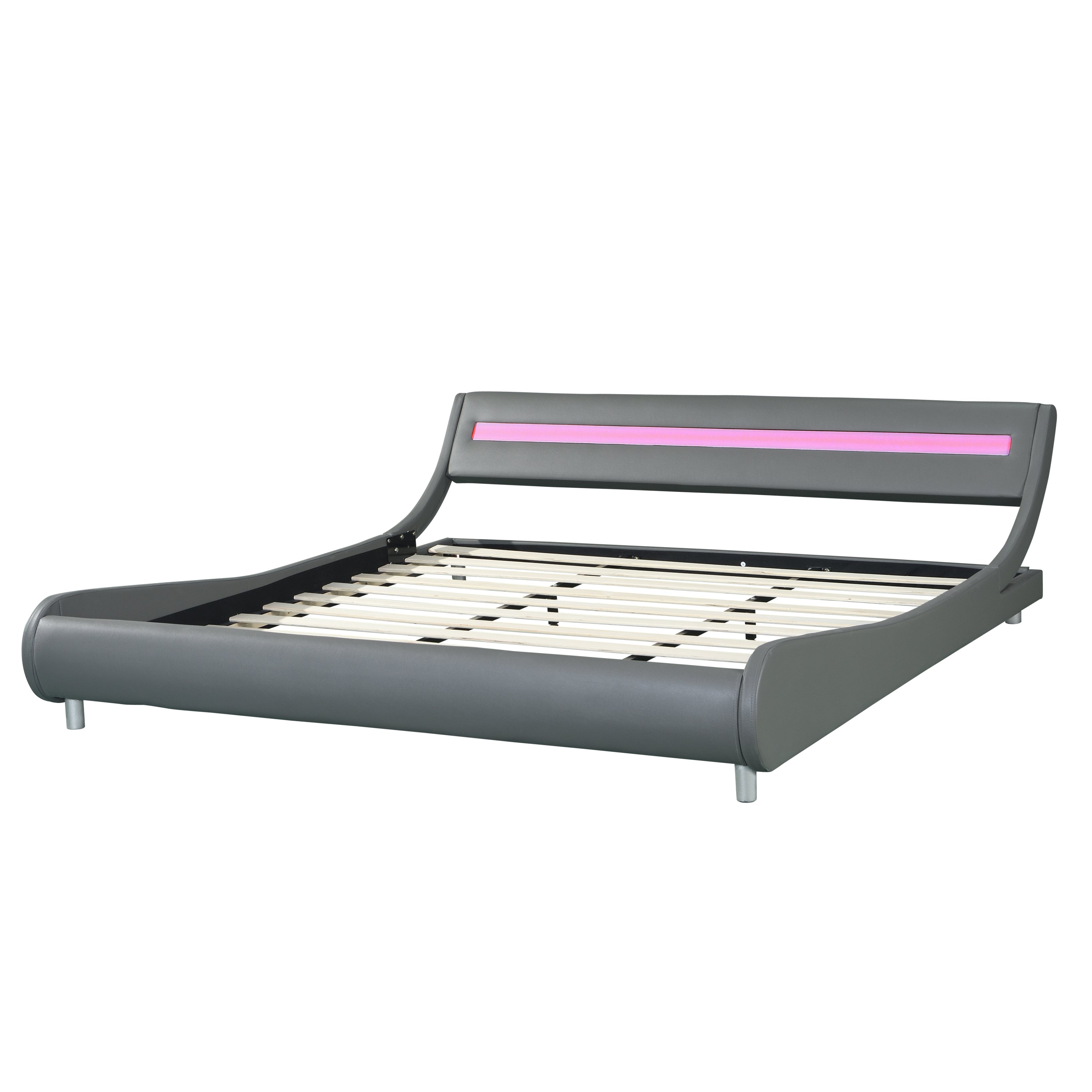 Faux Leather Upholstered Platform Bed Frame with led lighting , Curve Design, Wood Slat Support, No Box Spring Needed, Easy Assemble, King Size, Gray - Atlantic Fine Furniture Melbourne FL