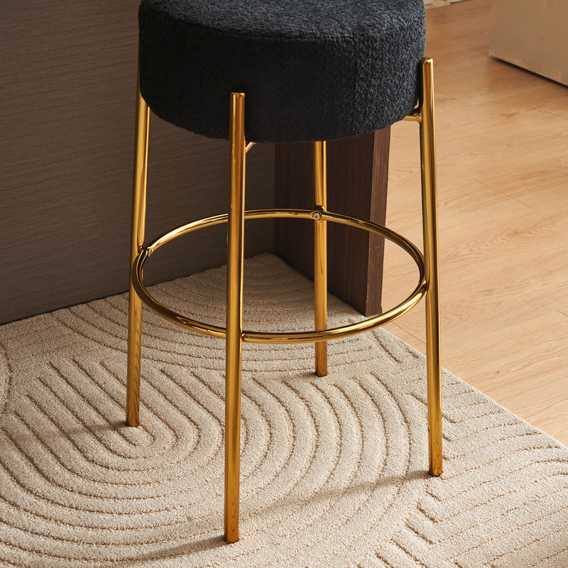 Round High Bar Stools (Set of 2), Contemporary Upholstered Dining Stools For Kitchens, Coffee Shops And Bar Stores - Gold Legs