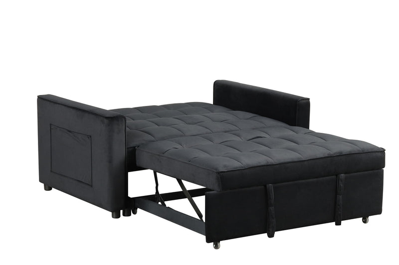 Maeve - 53.5"W Black Velvet Convertible Sleeper Loveseat With Tufting and Side Pocket