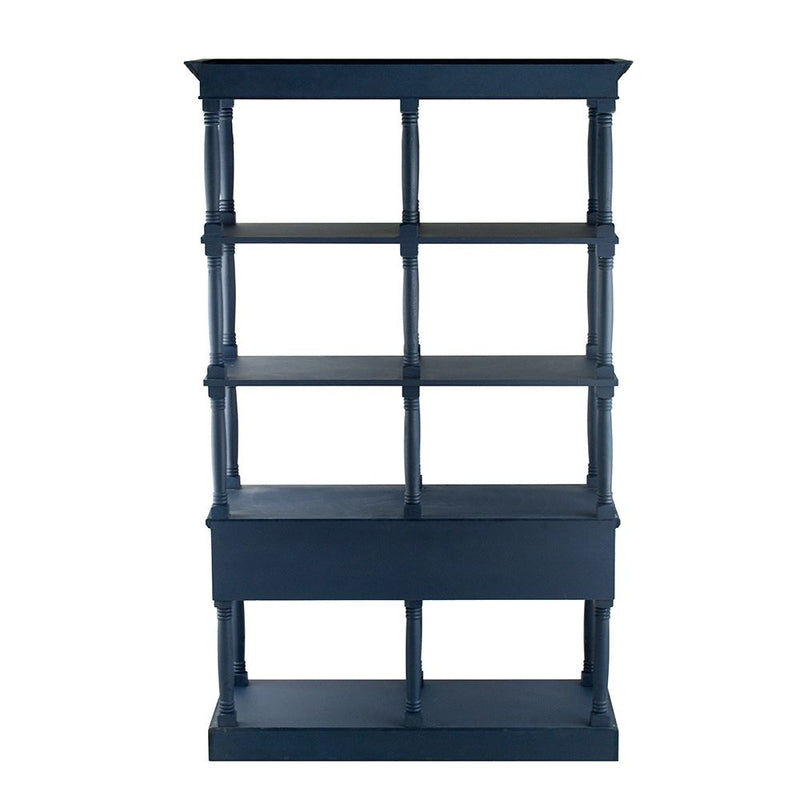 Four Tiered Wooden Shelf With Two Drawers, Farmhouse Wood Bookcase Display Storage Shelf Etageres - Antique Navy Blue