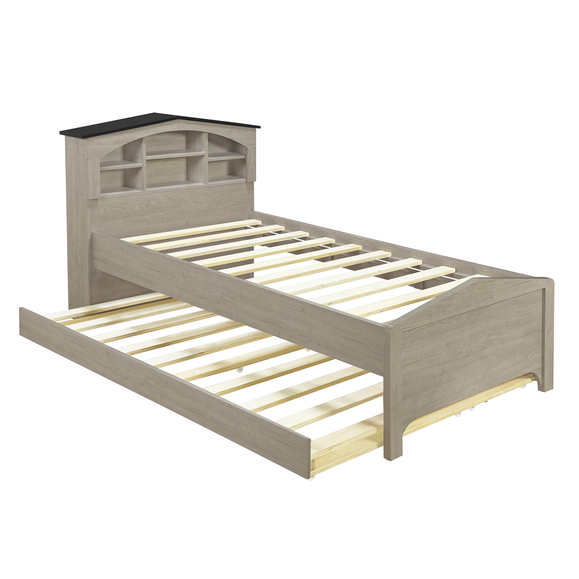 Twin Size Wood Platform Bed with House-shaped Storage Headboard and Trundle, Gray - Atlantic Fine Furniture Melbourne FL