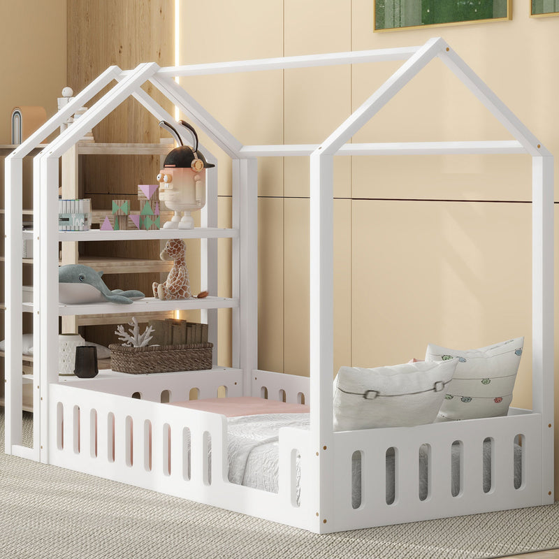 Twin Size Wood House Bed with Fence and Detachable Storage Shelves, White