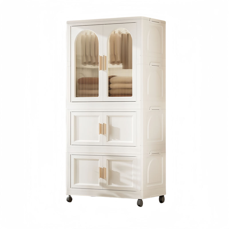 Side Wide Folding Wardrobe, With Magnetic Door, Plastic Storage Cabinet With Wheels (1 Layer Of Wardrobe + 2 Layers Of Folding Boxes + 10 Hangers) - Cream White