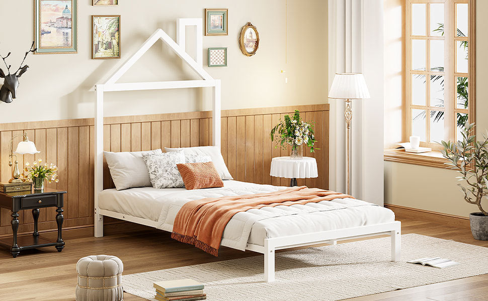 Twin Size Metal Platform Bed with House-Shaped Headboard Design, White - Atlantic Fine Furniture Melbourne FL