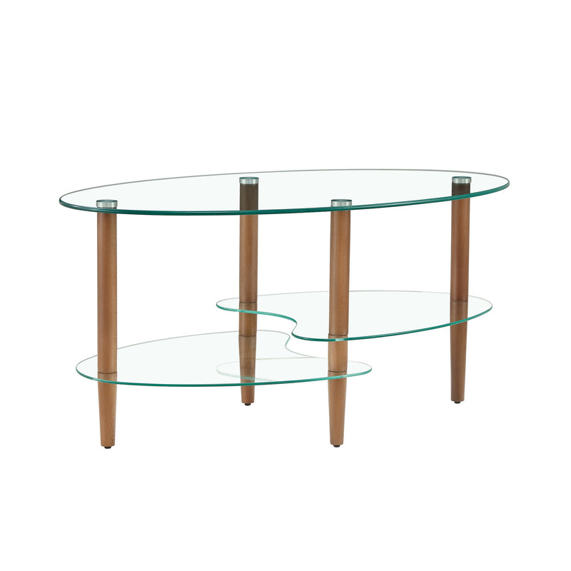 Transparent Oval Glass Coffee Table, Modern Table In Living Room Oak Wood Leg Tea Table 3-Layer Glass Table