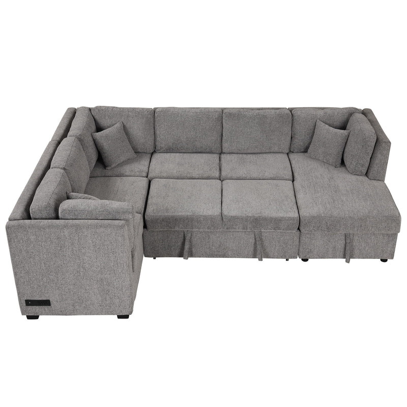 108. 6" U-Shaped Sectional Sofa Pull Out Sofa Bed With Two USB Ports, Two Power Sockets, Three Back Pillows And A Storage Chaise For Living Room, Light Gray