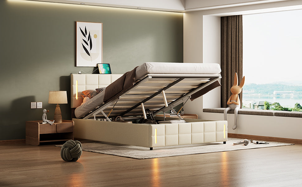 Full Size Upholstered Bed with Hydraulic Storage System and LED Light, Beige