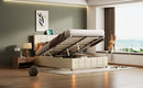 Full Size Upholstered Bed with Hydraulic Storage System and LED Light, Beige