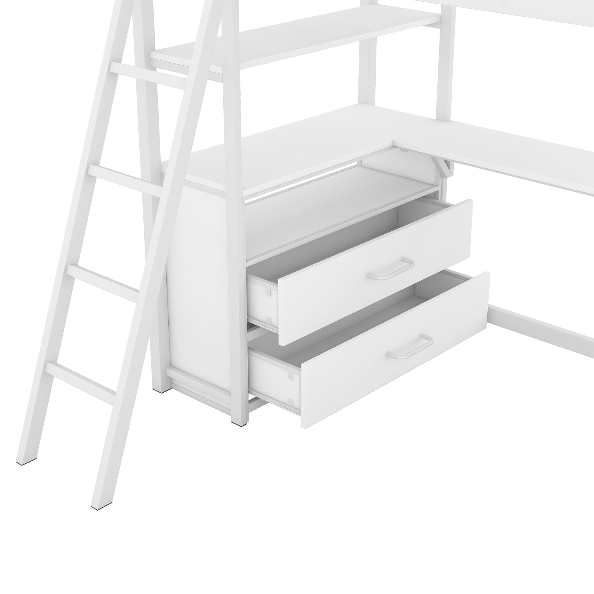 Twin Size Metal&Wood Loft Bed with Desk and Shelves, Two Built-in Drawers, White - Atlantic Fine Furniture Melbourne FL