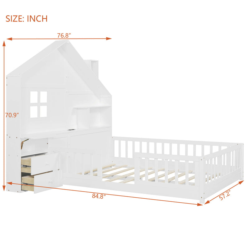 Full Size House Bed With Window And Bedside Drawers, Platform Bed With Shelves And A Set Of Sockets And USB Port - White