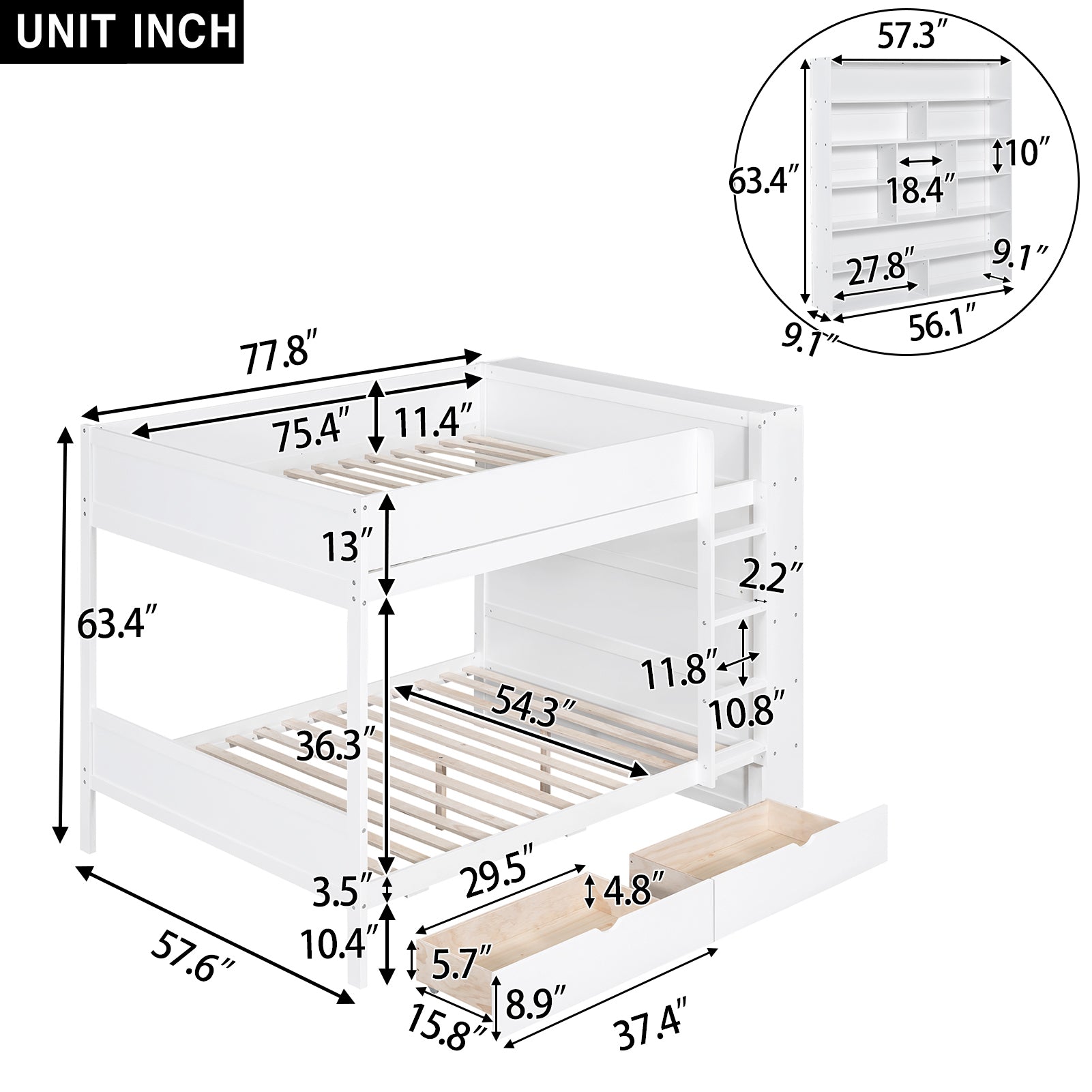 Full over Full Bunk Bed With 2 Drawers and Multi-layer Cabinet, White - Atlantic Fine Furniture Melbourne FL