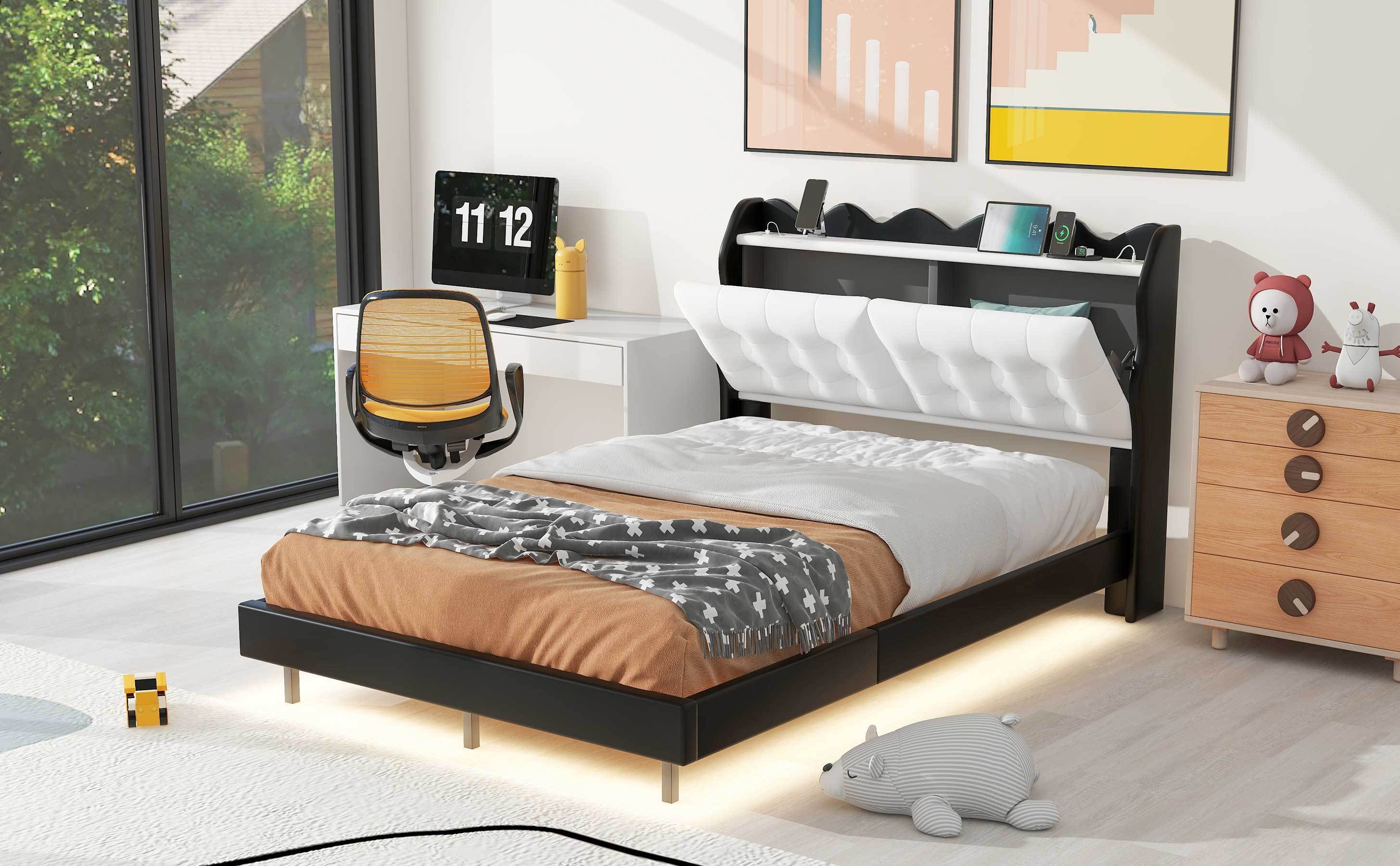 Full Size Upholstery Platform Bed Frame with LED Light Strips and Built-in Storage Space,Black - Atlantic Fine Furniture Melbourne FL