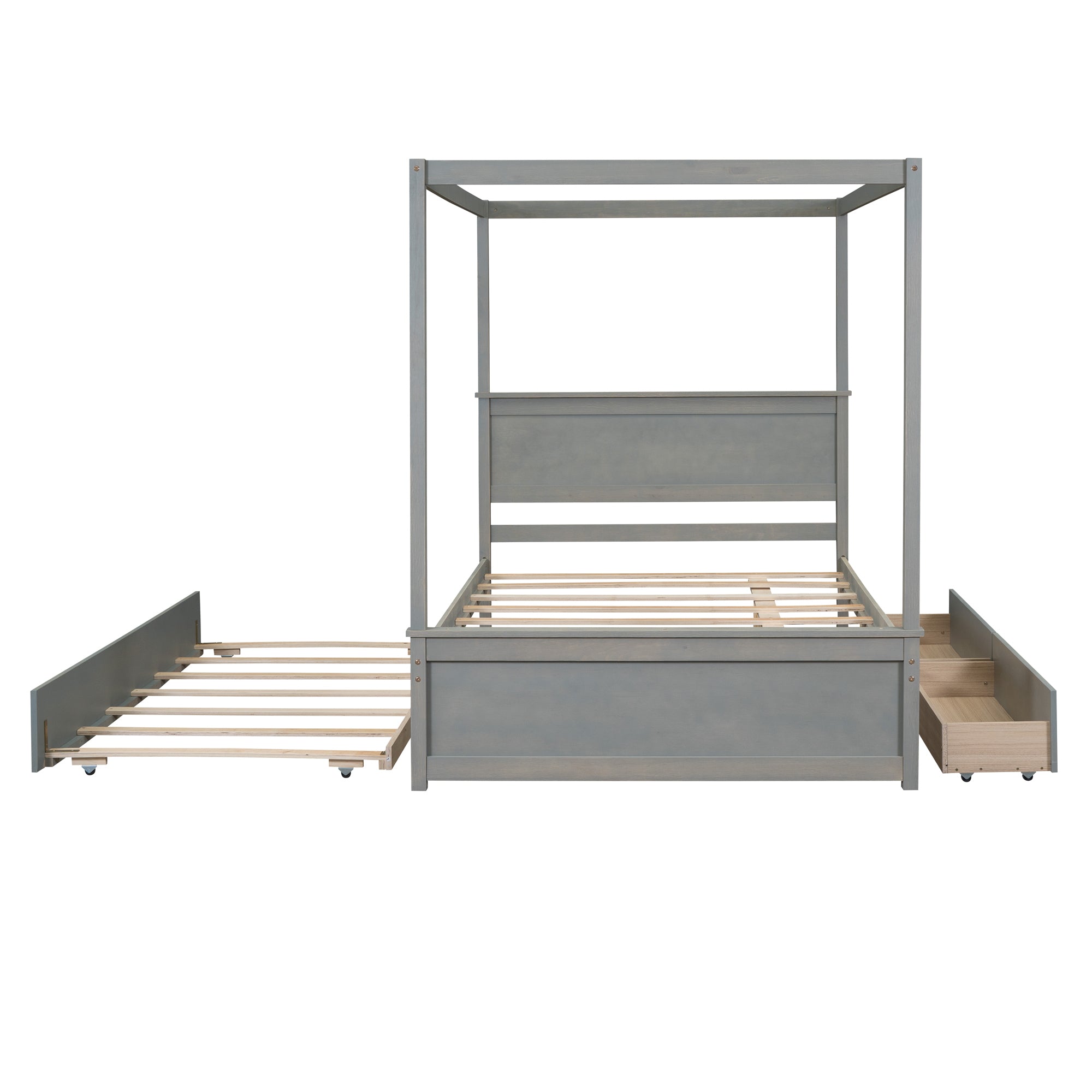 Wood Canopy Bed with Trundle Bed and two Drawers ,Full Size Canopy Platform bed With Support Slats .No Box Spring Needed, Brushed Gray - Atlantic Fine Furniture Melbourne FL