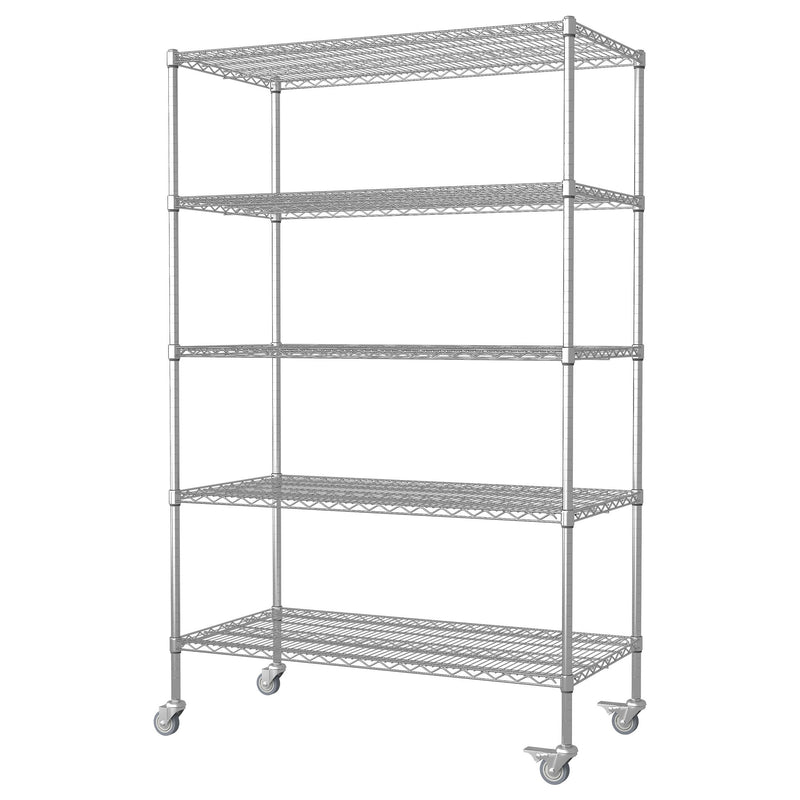 Heavy Duty Adjustable Shelving Unit, 5 Tier Wire Storage Shelves With Wheels - Brushed Nickel