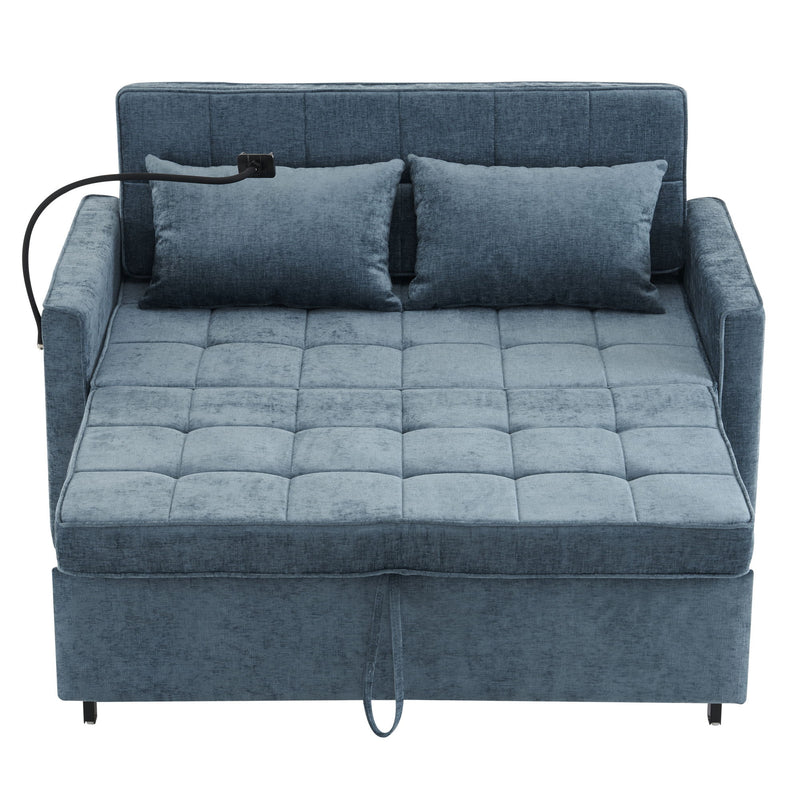 Pull-Out Sleeper Sofa With Reversible Backrest Cushion, Side Pockets, 2 USB Ports And A Phone Holder For Living Room
