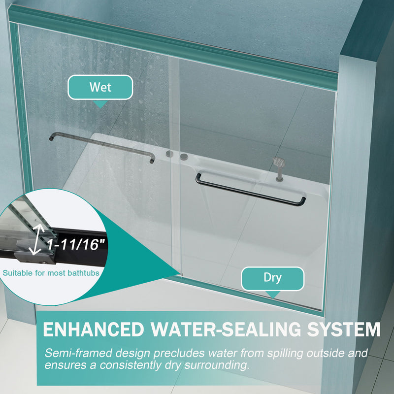 Double Sliding Bathtub Shower Door, Semi Frameless Bypass, 1 / 4" (6Mm) With Explosion - Proof Film, Adjustable Aluminum Alloy Frame
