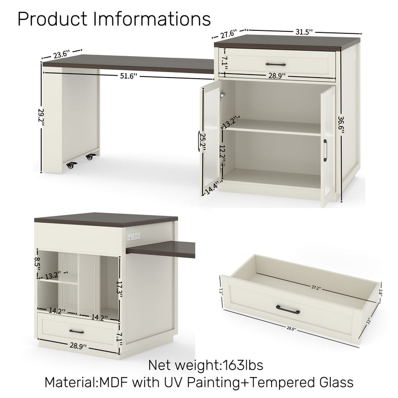 Extendable Kitchen Island With Slide Out Table And Storage Racks For 2 - 6 Person, Power Outlet, Bar, Prep Station - Creamy White / Walnut