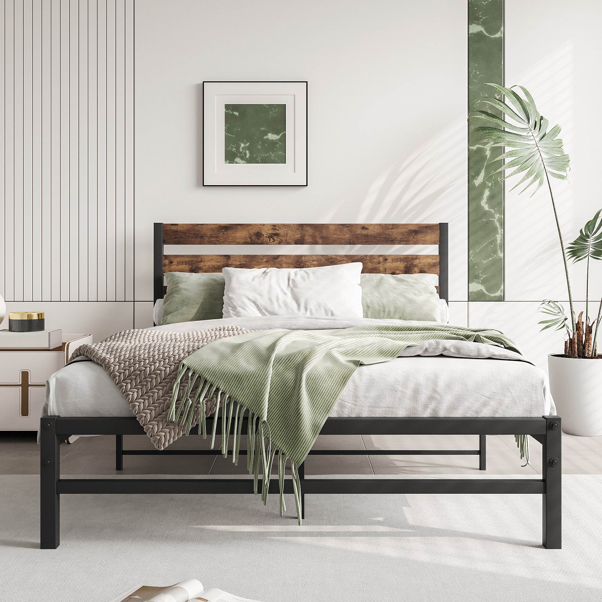 Full Size Platform Bed Frame with Rustic Vintage Wood Headboard, Strong Metal Slats Support Mattress Foundation, No Box Spring Needed Rustic Brown - Atlantic Fine Furniture Melbourne FL