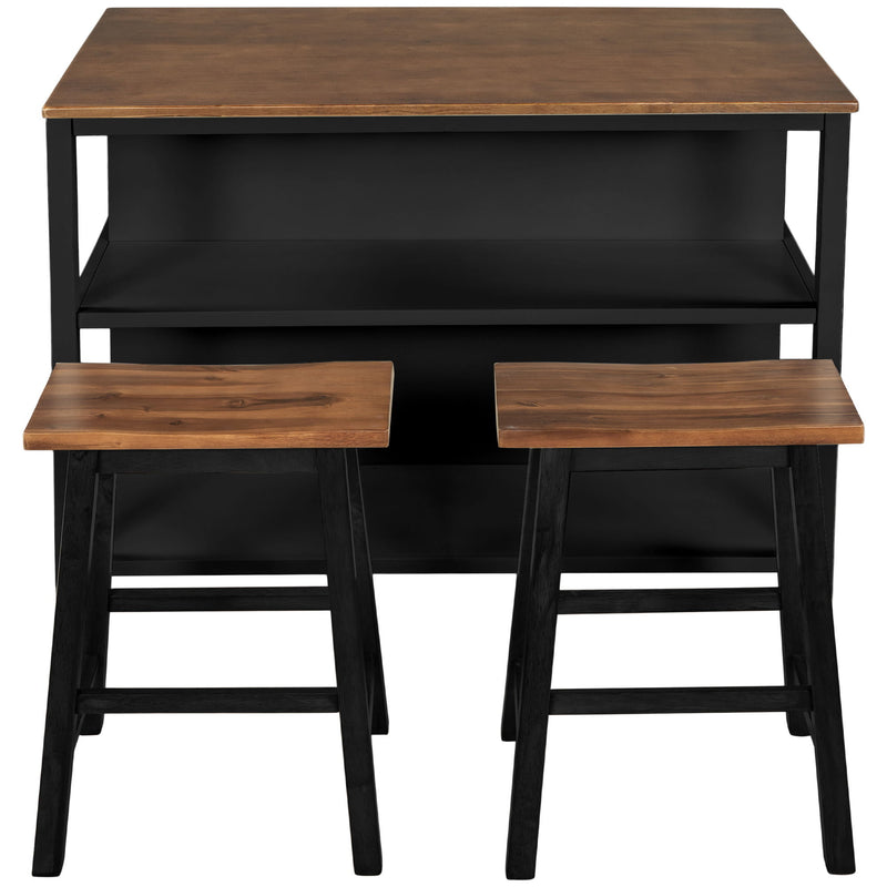 Rustic 3 Piece Stationary Kitchen Island Set With 2 Seatings, With 2 Open Shelves