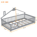 Twin House-Shaped Bedside Floor Bed with Guardrails, Slats, with Door,Grey