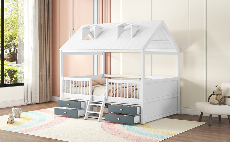 Full Size Wood Bed House Bed Frame,White