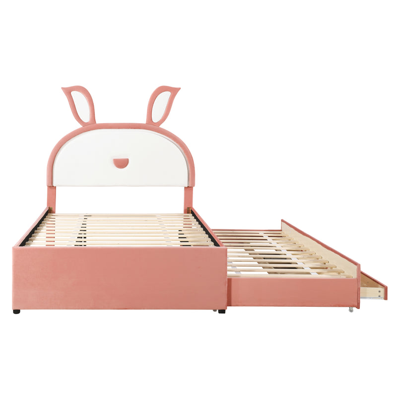 Full Size Upholstered Platform Bed with Trundle and 3 Drawers, Rabbit-Shaped Headboard with Embedded LED Lights, Pink
