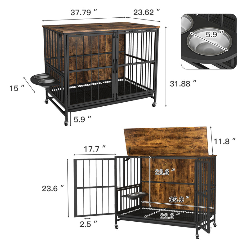 Modern Kennel Dogs Room Up To 80 Lb, Dog Crate Furniture With Multi-Purpose Rremovable Ttray, Double-Door Dog House, Lift Panel, 360 Degree Rotation, 3 Height Adjustable Feeding Bowls